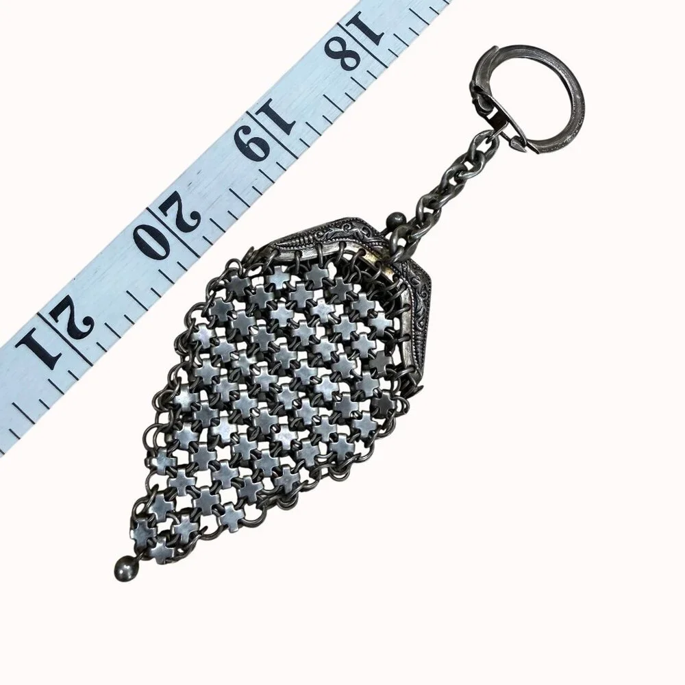 Antique Silver Mesh Chatelaine Coin Purse Keychain - Picture 4 of 6